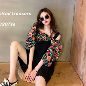 DSF Studio one-word collar off-the-shoulder floral shirt girlish feeling summer loose and thin Hong Kong style fat mm bubble short-sleeved chiffon top