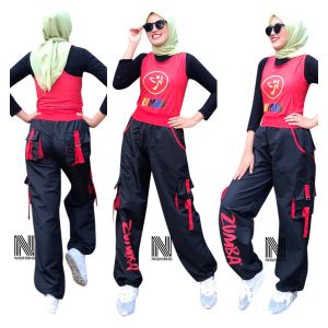 Celana Saja cargo zumba hitam sablon merah (hanya celana) bahan parasut / celana training olahraga cargo / celana senam bahan parasut / celana olahraga celana senam bahan parasut untuk zumba aerobik gym cycling running