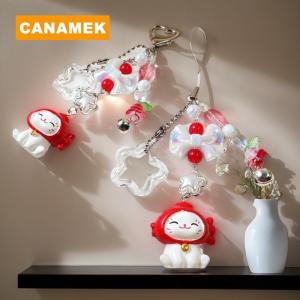 【CANAMEK】 Cute Cartoon Lucky Cat Bead Keychain Kawaii Kitten Mobile Phone Chain Backpack Pendant Car Key Chain Accessories Gifts