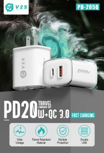 V2S PD-205Q PD fast charger PD port 20W fast charge Dual Port USB & Type-C port QC3.0 fast charger Adapter