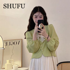 SHUFU 2056 Ready Stock Long Sleeve Blouse For Women Cotton Plain Casual Elegant V Neck Tops Plus Size Korean Style