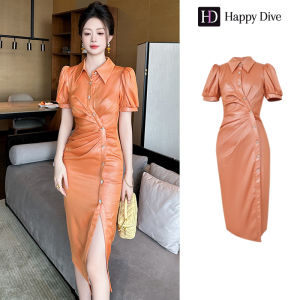 Happy Diva Short-Sleeved Orange Elegant Formal Shirt Dress Made Of Satin Fabric 51029