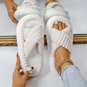 yangpa123 Womens Plush Platform Slippers Cross Strap Open Toe Memory Foam Shoes Indoor Anti-slip Fuzzy Slippers