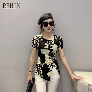 REHIN Womens top Fashion print irregular pleatsshort-sleeved T-shirt slim and thin elegant blouse