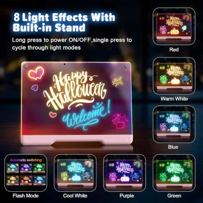 【Best Seller】LED Note Board with 8 Color Light Modes Rechargeable Neon Glow Art Dry Erase Light Up Drawing Pad with Built-in Stand for Kids Sketching Gift Toy for Teens 5 Markers