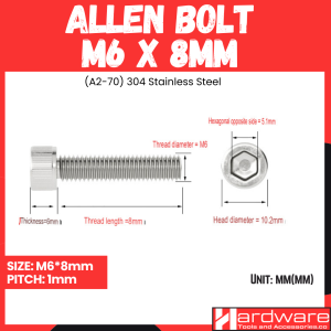 M6 (A2-70) 304 Stainless Steel Allen Bolt  Hex Socket Cap Head Screw Hardware Tools