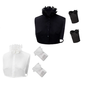 Fashionable Faux Collar With Wrist Cuffs Fake Sleeves For Women Decorative Ruffle V Neck Half Shirt Blouse Layering Set