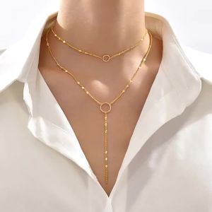 Dây chuyền vàng 14K với thiết kế hình học kiểu dáng chữ Y ôm sát cổ dây chuyền hai lớp có tua rua phong cách châu Âu và Mỹ.