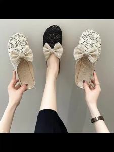 [Free Shipping] WomenS Bowknot Slippers 2026 New Style Elegant Flat-Bottomed Breathable Hollowed-Out Closed-Toe Half-Slippers Lace Slippers For Outdoor Wear