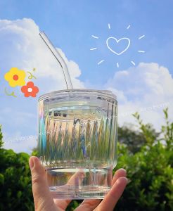Cốc ly thủy tinh Rainbow có nắp ống hút/ LY THỦY TINH cốc glass 400ML
