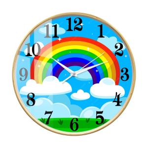xpkQ Cartoon Sunny Rainbow Wall Clock for Kids Playroom Nursery Blue Sky Clouds Home Decor Timepieces Silent Non Ticking Wall Clock 5Y6Z3