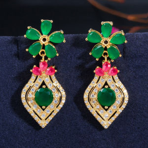 Sequito Hợp Thời Trang trang sức nữ mạ bạc Đầy Đủ Micro Pave Nhiều Màu Aaaaaa đá Cubic Zirconia Thả Dài lủng lẳng hình hoa bông tai pha lê Cho bữa tiệc đêm Se781