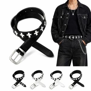 JING PU Leather Punk Women Men Belt Black White Y2K Retro Pin Buckle Belt Trendy Hip Hop Streetwear Waist Belt For Jeans