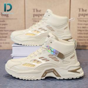 White high-top sneakers with blue and orange accents. Breathable mesh design. Fashion tag attached. Sturdy sole with blue detailing. Ideal for casual wear.