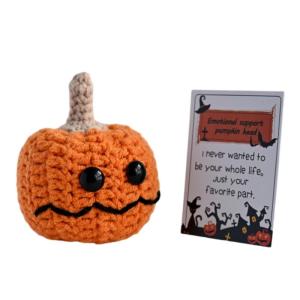 Halloween Knitted Small Pumpkin Head with Hat Ornament with Positive Message Cards Crochet Pumpkin Dolls for Gifting