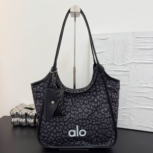 Leopard Print Alo Embossed Logo Tote Bag Women Waterproof Nylon Large Capacity Adjustable Brown Leather Shoulder Strap With DetachableLeather Card Pouch Casual Commuter Yoga Gym School Handbag