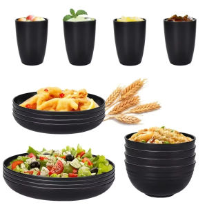 6Pcs Dinnerware Set Black Wheat Straw Tableware Household Plates Soup Bowls Cups Set Gift Cutlery Set Microwave Safe