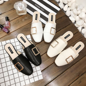 MANXIXI Brand Korean Version Mules Sandals Leather Shoes Flat Slippers Simple Solid Color Square Head Shoes For Women (35-40 Size)