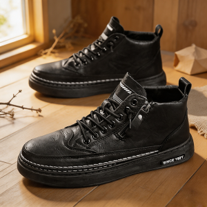 Brown high-top sneakers with laces and side zippers. Thick soles. "Since 1921" label Leather ankle boots