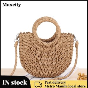 Women Semicircle Shoulder Bag Summer Woven Crossbody Bag for Beach and Holiday Travel in Stylish Design