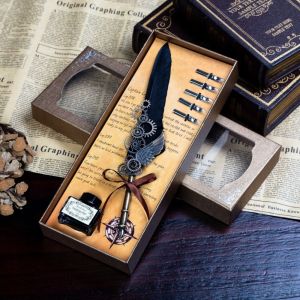 DREAMES Classic Creative Retro Stationery Birthday Gift Writing Exquisite Gifts School Office TeachersDay Gift Boxed Dipped ink pen Calligraphy Pen Quill Feather Dip Pen with 5 Nib Set Fountain Pen with Ink