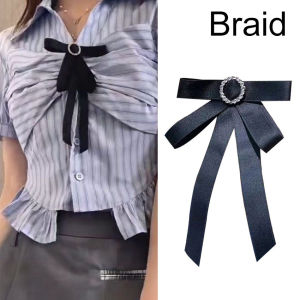 Retro JK Black Ribbon Bows Tie Rhinestone Bee Pearl Bow Neckties Women Dress Blouse Cravats Collar Flower Accessories Jk Tie Women Ribbon Bows for Rhinestone Brooch Bows Tie Blouse Collar Pin Women Ribbon Bows