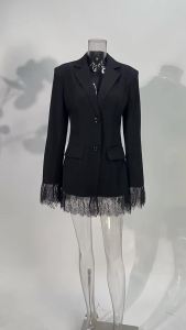 Áo khoác blazer ren thanh lịch cho phụ nữ thời trang công sở tay dài áo khoác đơn hàng 2025 mới mùa thu áo khoác đen thường ngày ôm sát