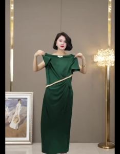 Formal dress for women Long gown Wedding Bridal Evening 2023 fashion new temperament high-grade dark green white pleated design waist to show thin summer womens wear㏇X0407