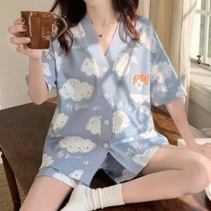 COD Pajamas Ladies Summer Japanese Kimono Cardigan Short Sleeve Student Sweet Cute Cartoon Loungewear Two-piece Set SummerFGFDFFGFG