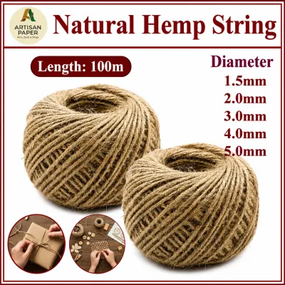Natural Hemp String Rope 100m Length Jute Twine Cord For Rustic Gift Wrapping DIY Decoration Plant Hanging Craft Projects 1.5mm To 5.0mm Diameter Florist Supplies Gardening String Organic Macrame Cord Burlap Ribbon Thick Hemp Thread Packing