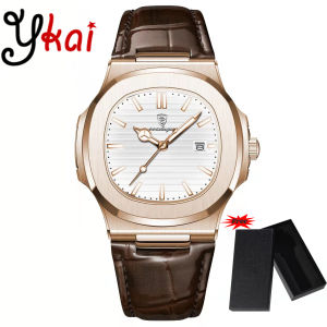 YKAI นาฬิกาข้อมือสำหรับผู้ชายนาฬิกาข้อมือควอตซ์เป็นทางการสุดหรูนาฬิกาข้อมือแฟชั่นสำหรับผู้ชายกันน้ำเรืองแสงบอกวันที่ได้ตัวเรือนเป็นรูปสี่เหลี่ยมมีสายหนังคุณภาพสูงนาฬิกาสำหรับผู้ชาย613P + กล่องนาฬิกา