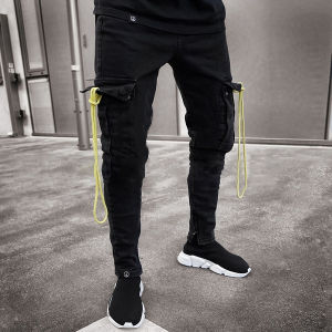 MPJ Man Black Jeans Pocket Uniform zipper Design Skinny Pants 2022 New Style Black Tactical Pants