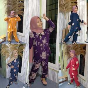 Setelan anak prempuan umur 5 - 11 tahun / setelan rayon anak perempuan / setelan anak motif tie dye little dino / one set wanita / setelan baju anak perempuan