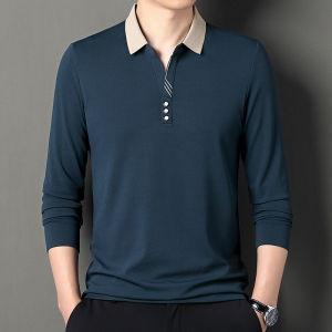 Mens lapel longsleeved Tshirt antiwrinkle waffle ironfree top spring stretch casual Tshirt