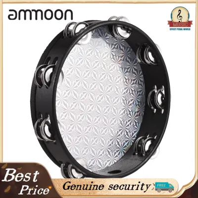 Wooden Radiant Tambourine Handbell Hand Drum with Double Row Jingles Reflective Drum Head Musical Percussion Instrument