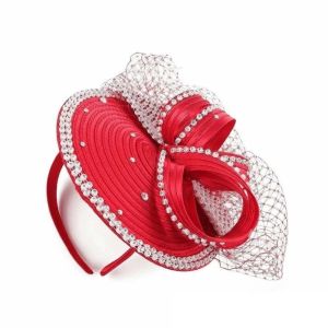 HEALMEYOU Bowknot Design Fascinator Hat Satin Ribbon Rhinestone Studded Birdcage Veil Headpiece Bridal Headpiece Detachable Derby Fascinator Royal Ascot