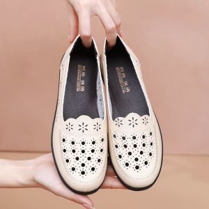 IELGY Fashionable solid color leather soft sandals for women in summer breathable hollow non-slip flat sole