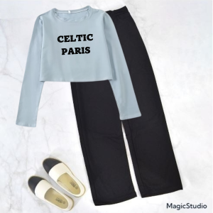 JOY Baju Crop Lenka Lengan Panjang Oversized Dan Celana Panjang Celtic Paris