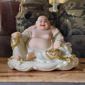 [8inch] Tượng Di Lặc Ngồi Nằm Bằng Đá Cao 20cm Màu Trắng Đẹp