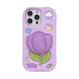 Cartoon 3D Purple Tulip Bracket Phone Case For iPhone 16 15 13 14 Pro Max Soft Silicone Back Cover With Stand Holder
