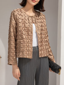 Short Autumn and Winter Coat Womens round Neck Straw Mat Pleated R YILI Buckle Commuter #20230459