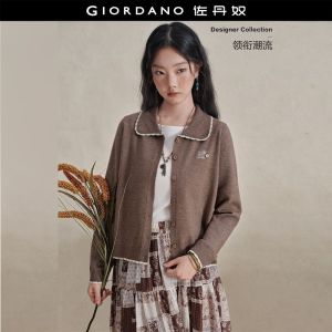 Giordano Women Scallop trim embroidery collared cardigan Free Shipping 18356318