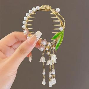 1PC Elegant Pearl Hair Rhinestone Tassel Shark Clip Alloy Ponytail Buckle Hairband Hair Clip Head Claw Pill Head Ponytail Buckle