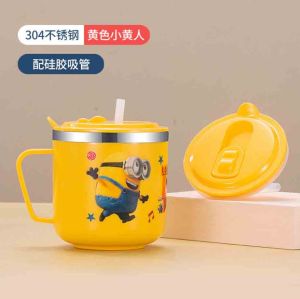 ถ้วยน้ำเด็ก แก้วนม 270ml สแตนเลส 304 มีมาตราส่วน ถ้วยการ์ตูน พร้อมฝาปิดหลอดซิลิโคน สองชั้นกันความร้อน