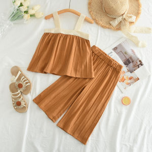 Gấu lãnh đạo cotton Mới Mùa Hè bộ cho trẻ em 3 đến 7 năm thời trang may ren treo hàng đầu và xếp li bộ quần ống rộng bé nữ thường ngày mặc