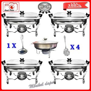 Party Set Prasmanan Stainless 4 segi 1 bulat Paket Hajatan Kualitas Tebal Bonus 4 Sendok dan 1 Laddle sop 1 Set 5 Pc