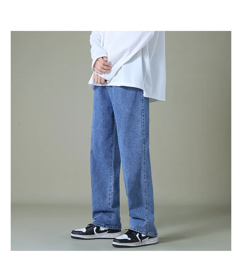 New Autumn Men Denim Wide-leg Pants Korean Style Straight Light Blue Baggy  Jeans Elastic Waist Student Trousers Male Black Gray - AliExpress