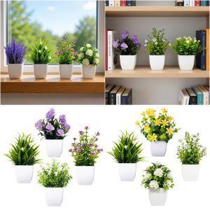 XIJIBAN Greenery Plant Artificial Flower Potted Multicolor Mini Flower Potted Plant Ornaments Mini Eucalyptus Grass Simulation Flowers Bonsai Home Decoration