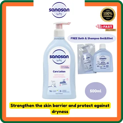 Sanosan Baby Care Lotion 500ml + FREE Bath & Shampoo Samples (8ml & 50ml) | EXP: 03/2028 | Gentle Moisturizer for Baby