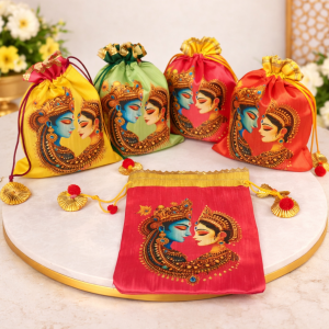 Traditional Radha Krishna Print Potli Bags | Satin Drawstring Pouches for Wedding Return Gifts Pooja & Festive Gifting (Size - 9*7 inch | Pack of 1)